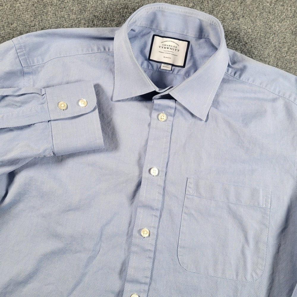 Charles Tyrwhitt Dress Shirt Mens 17/33 Blue Micro Pattern Slim Fit Cotton